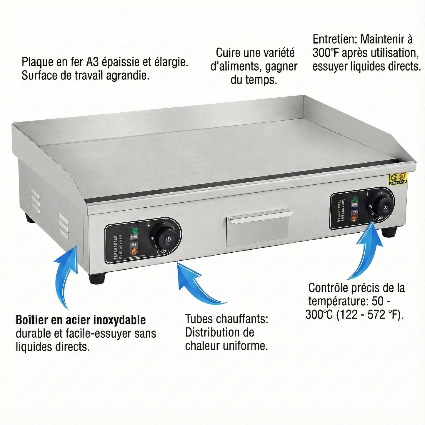 Plancha électrique en acier inoxydable – 26 / 30 pouces