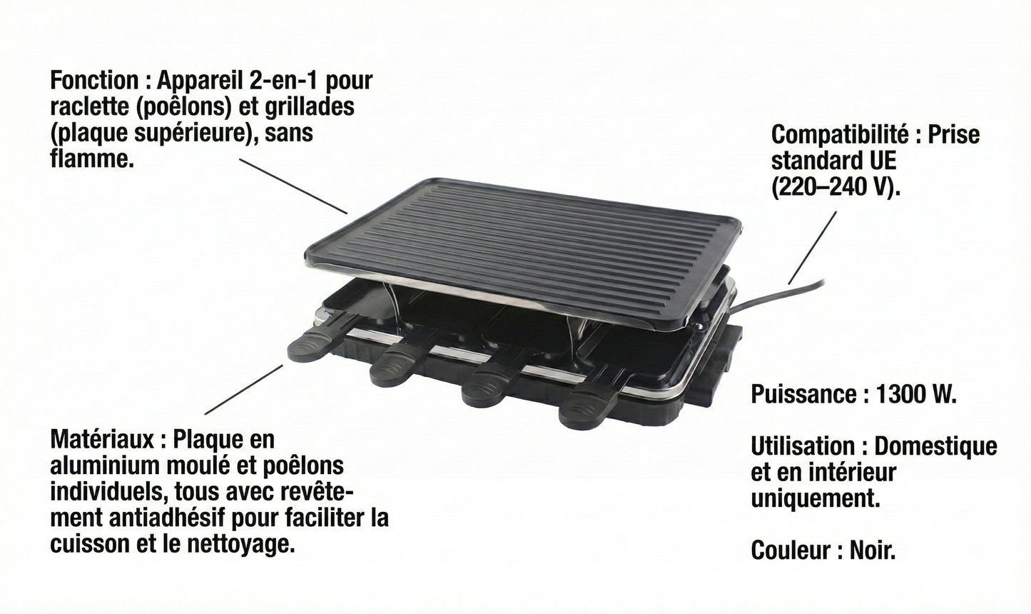 Appareil raclette et grill électrique multifonction – 8 personnes – 1300 W
