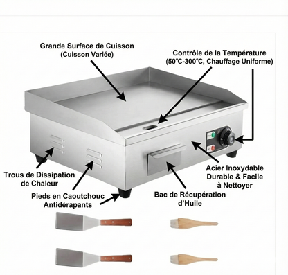 Plancha électrique en acier inoxydable – 14 / 18 / 22 pouces